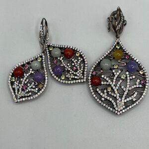 JOY Sterling Silver Gemstones Flower Floral Pendant Earrings Set